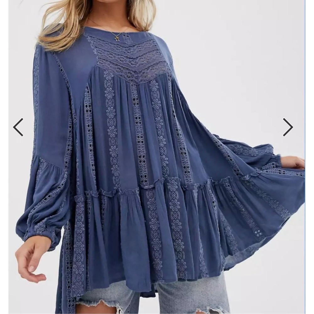 Free People Kiss Kiss Tunic Blue Lace Tiered Oversized Boho Top XS OB880145